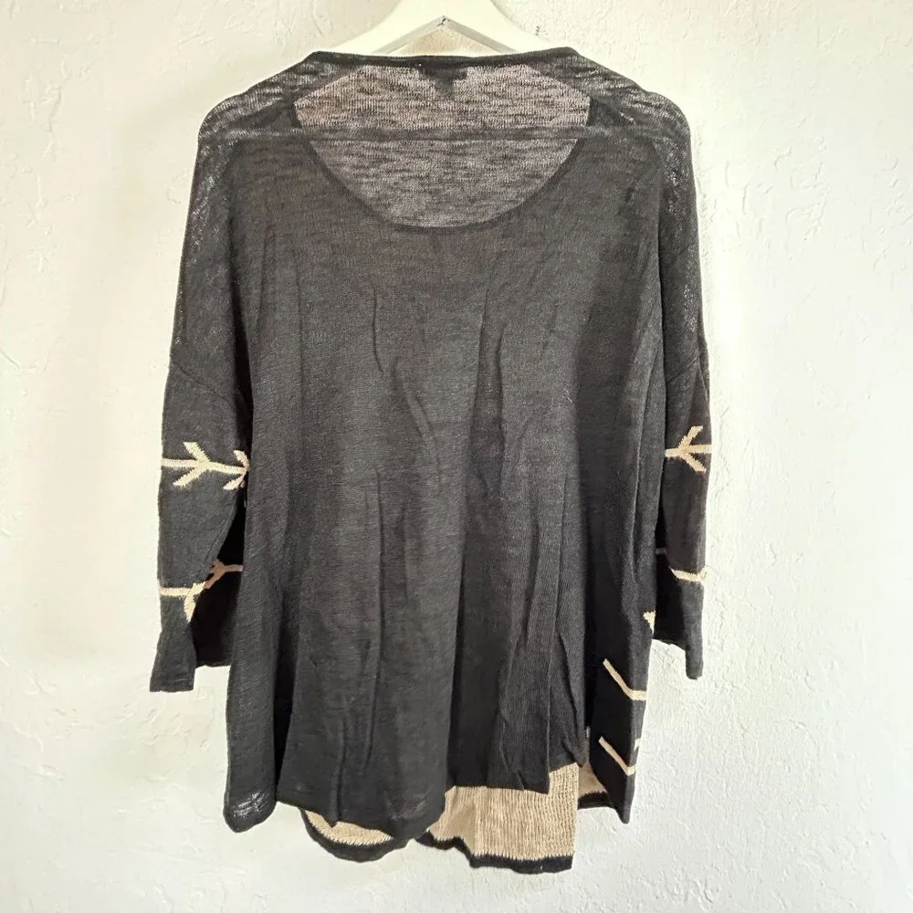 J. Jill Womens Black & Beige Aztec Knit Sweater Large Linen Blend 3/4 Sleeve